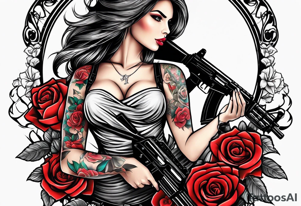 Beautiful woman angle holding a AK 47 surrounded by roses tattoo idea