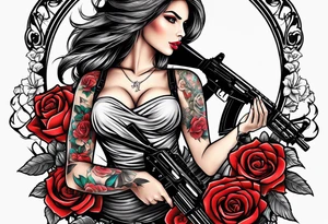 Beautiful woman angle holding a AK 47 surrounded by roses tattoo idea