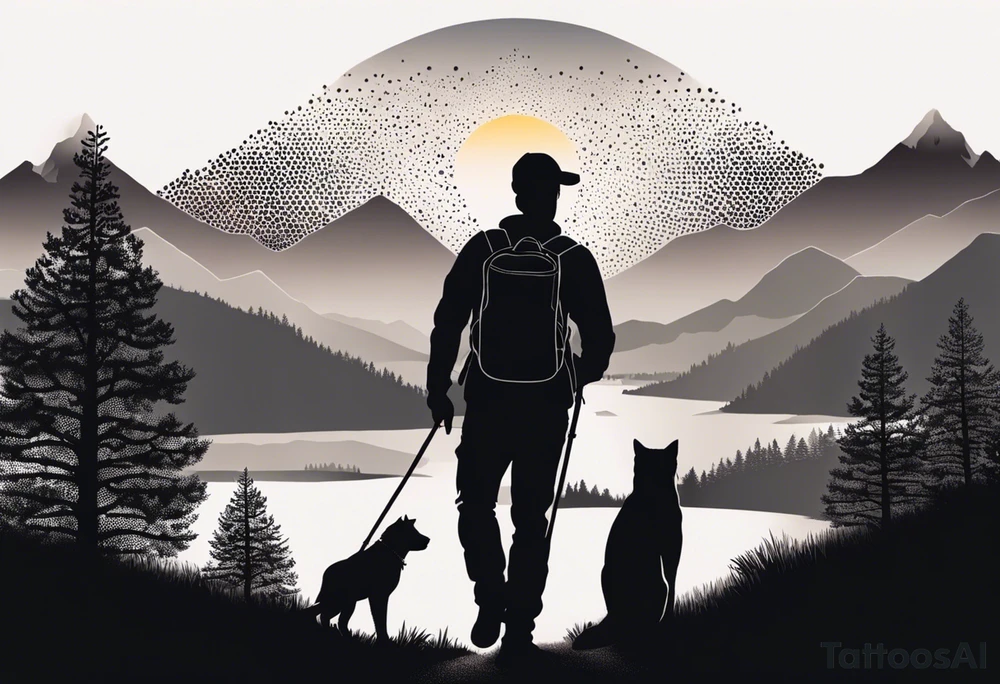 nature, sunset, mountains, a father and son hiking with their dog and cat and a cross tattoo idea
