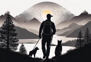 nature, sunset, mountains, a father and son hiking with their dog and cat and a cross tattoo idea