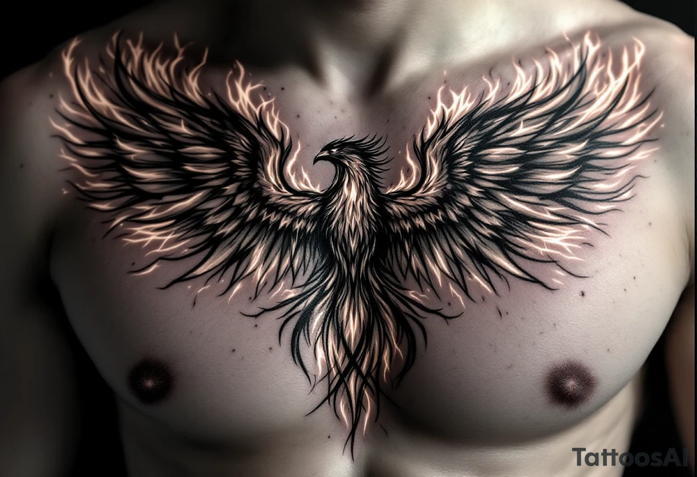 Realistic and symmetrical flaming Phoenix rebirth with spread wings in a down motion surrounded by fire mapped onto chest only. Phoenix head must be in the middle of the chest, straight and symmetrical. Fire should be surrounding spread wings
Wings should be spread down only on pectoral muscle around the nipples. tattoo idea