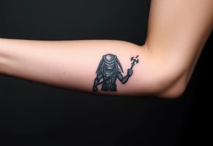 Predator with staff pointing towards sky with lighting bolt tattoo idea