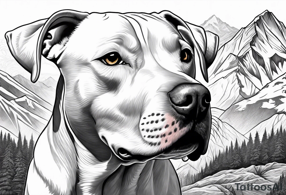 white purebred pitbull with a black spot on left eye  with mountain in the background tattoo idea