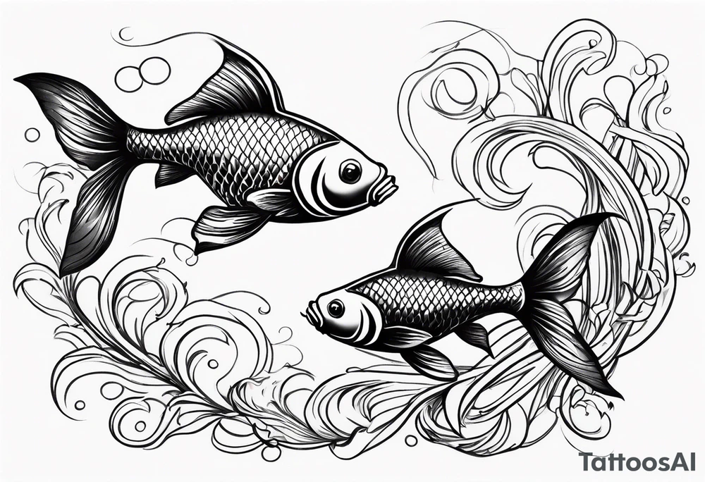 Design a small tattoo featuring a pair of goldfish intertwined, symbolizing harmony and companionship in a flowing design tattoo idea