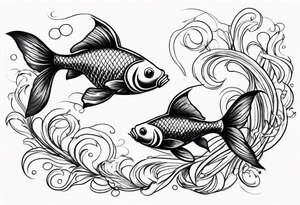 Design a small tattoo featuring a pair of goldfish intertwined, symbolizing harmony and companionship in a flowing design tattoo idea