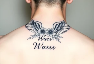 angel wing with flowers and the word Warr;or tattoo idea