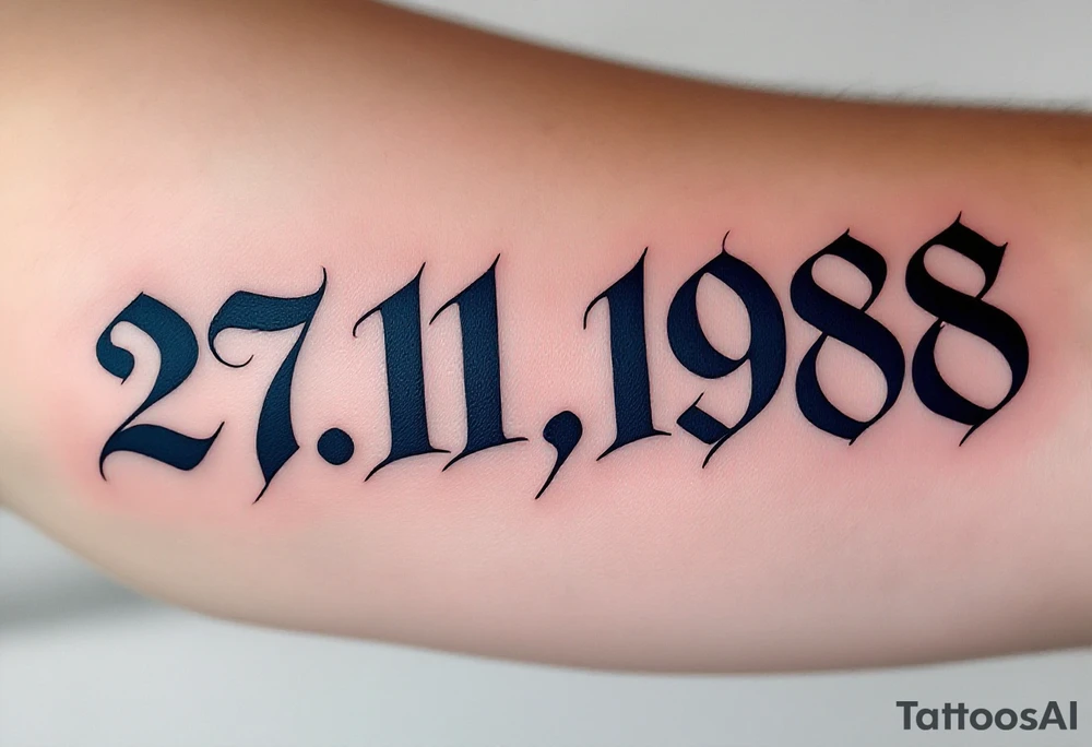 Classic 27.11.1988 carved in Roman numerals with deep navy blue shadows. tattoo idea