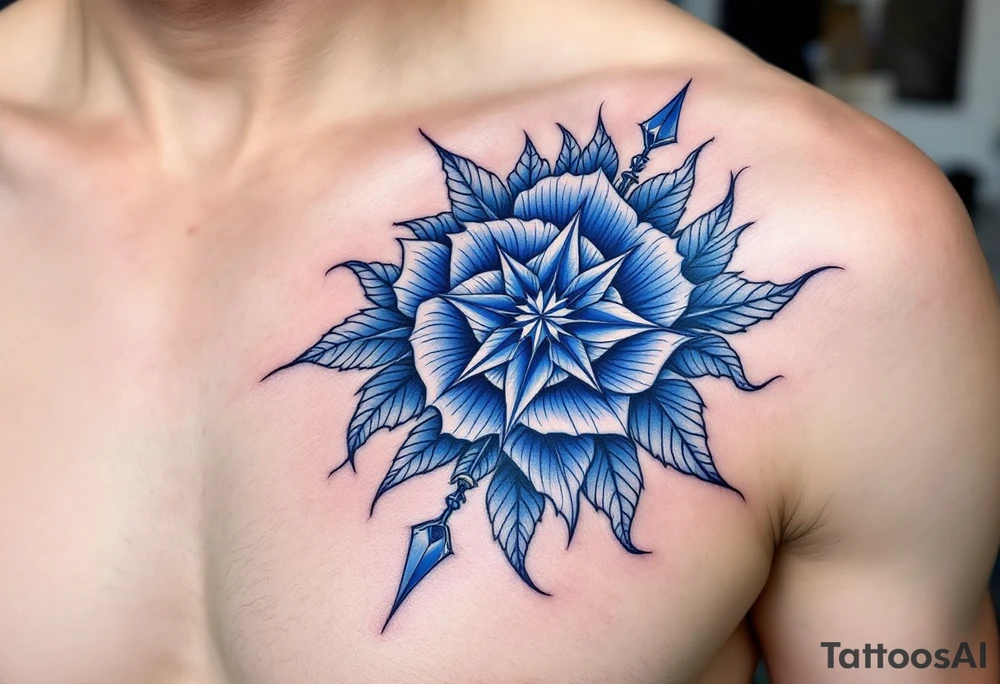 Matching royal blue compass roses, the first tattoo large on the chest and the second smaller on the shoulder blade. tattoo idea