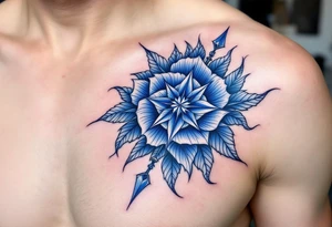 Matching royal blue compass roses, the first tattoo large on the chest and the second smaller on the shoulder blade. tattoo idea