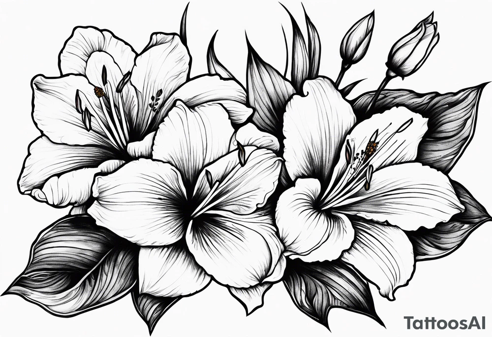 Rose, lily, gladioli, cherry blossom, forget me nots tattoo idea