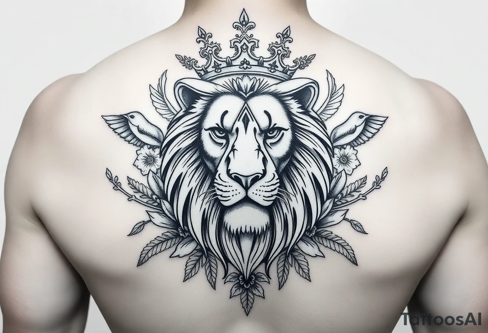 powerful majestic lion with a crown, surrounded by floral ornaments and birds tattoo idea