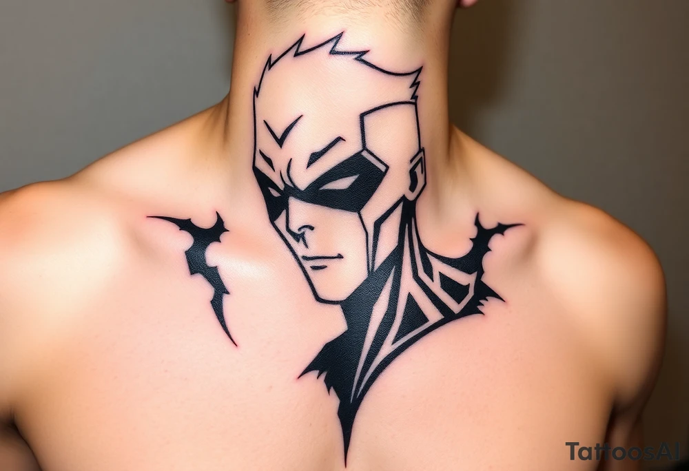 give me a full front neck tattoo of danny phantom in all black ink tattoo idea