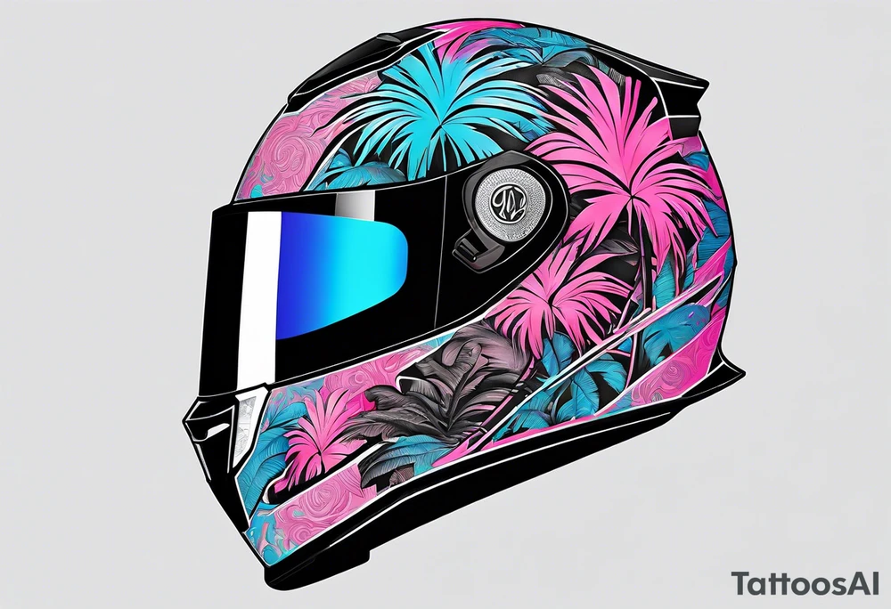 formula 1 helment with a palm tree and black light blue and pink colors tattoo idea