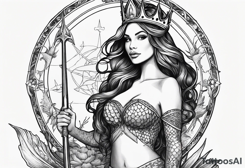 Mermaid full body holding a trident and wearing a crown, sea turtle, compass, cresent moon tattoo idea