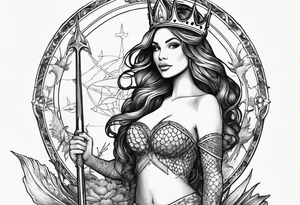 Mermaid full body holding a trident and wearing a crown, sea turtle, compass, cresent moon tattoo idea