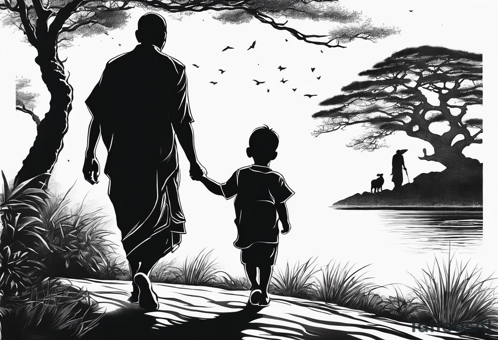 Child walking next to dad past away in Africa shape tattoo idea