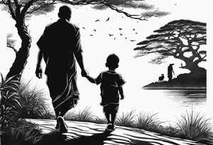 Child walking next to dad past away in Africa shape tattoo idea