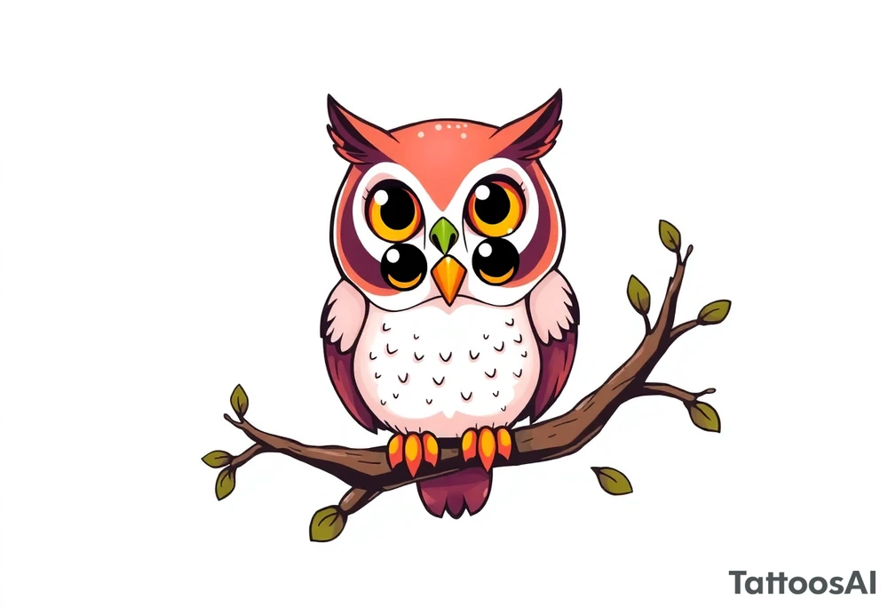 Cartoon style Owl with adorable eyes, perched on a tree limb tattoo idea