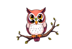 Cartoon style Owl with adorable eyes, perched on a tree limb tattoo idea