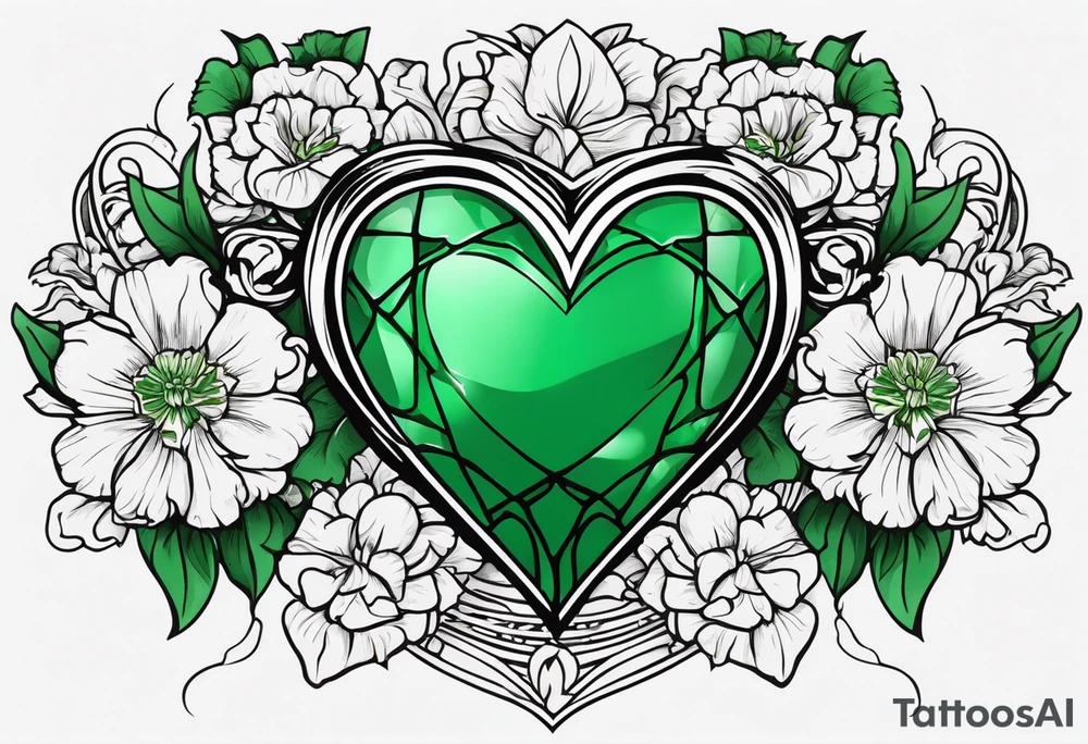 Irish Celtic symbol of love wedding ring with an Emrald green gem in the middle of the heart with a bundle of carnations, leaves, and narcissus coming out of the hands. Simple tattoo idea