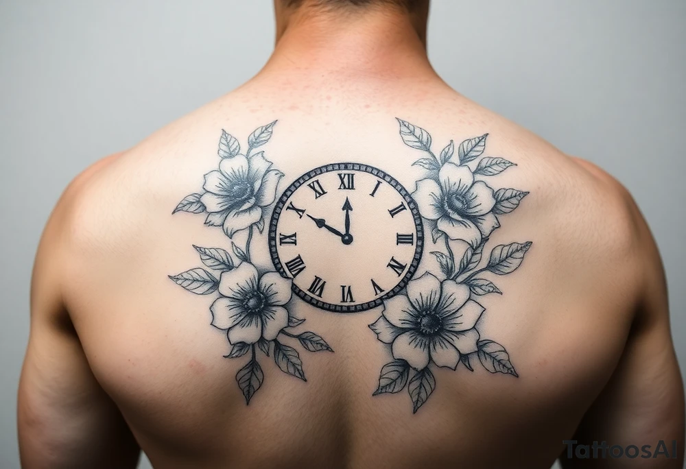 Clock and flowers tattoo idea