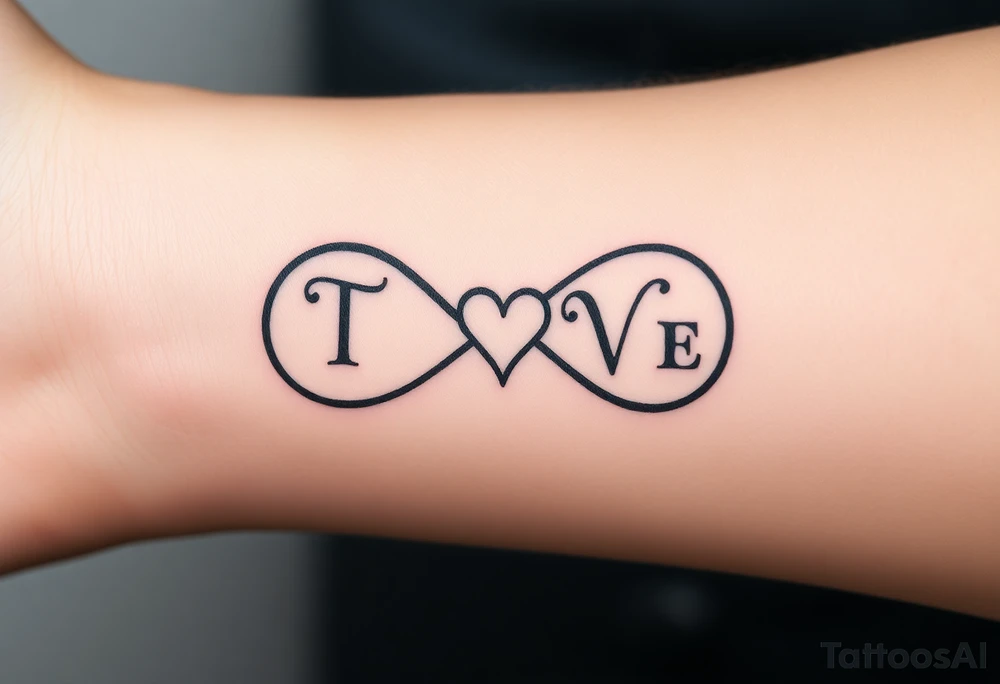 An infinity symbol with two initials T and V on each loop and a tiny heart in the center in black ink tattoo idea