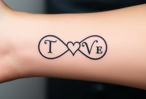 An infinity symbol with two initials T and V on each loop and a tiny heart in the center in black ink tattoo idea