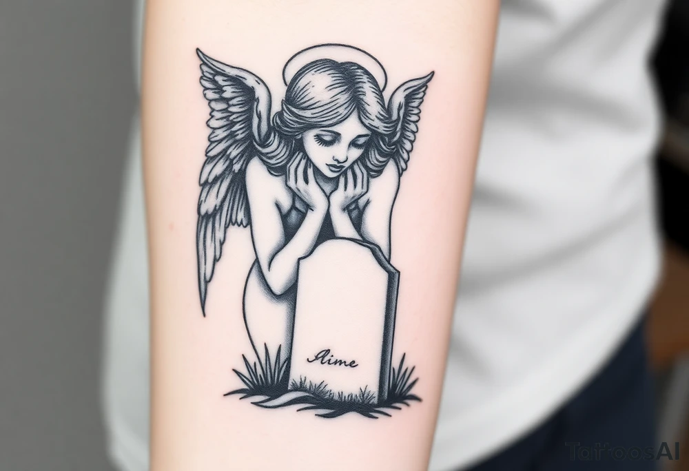 Beautiful woman angel crying on a tombstone tattoo idea