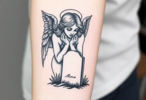 Beautiful woman angel crying on a tombstone tattoo idea