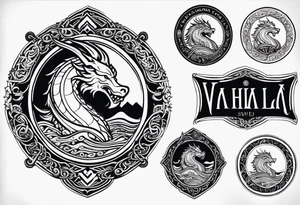 Valhalla sword shield viking ship dragon head tattoo idea