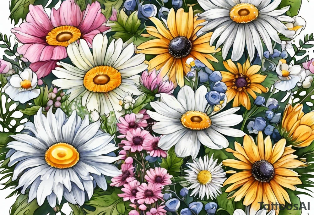 an oval of wildflowers cascading with thistles, ferns, white anemones, sun flowers, buttercups, pink flowers, babys breath and daisies all in watercolor tattoo idea