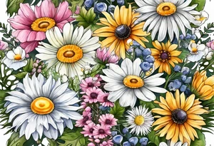 an oval of wildflowers cascading with thistles, ferns, white anemones, sun flowers, buttercups, pink flowers, babys breath and daisies all in watercolor tattoo idea