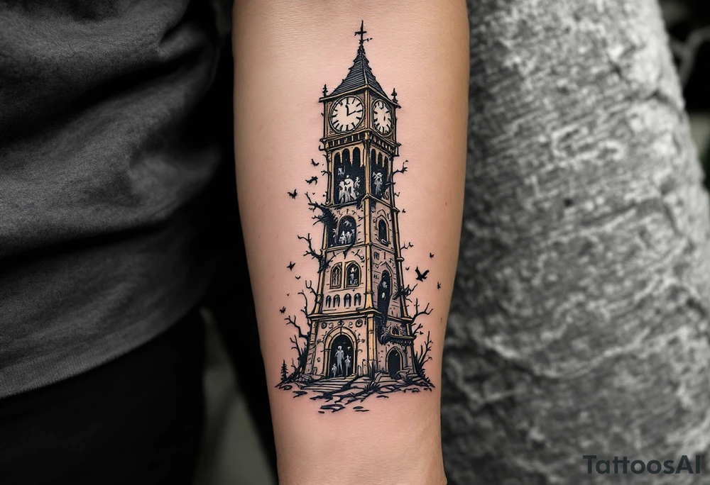 Tim Burton’s clocktower stands crooked and broken, with brass tones and shadowy figures trapped inside. tattoo idea