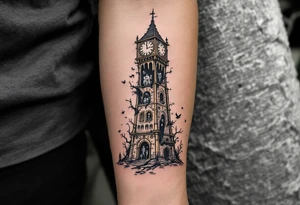 Tim Burton’s clocktower stands crooked and broken, with brass tones and shadowy figures trapped inside. tattoo idea