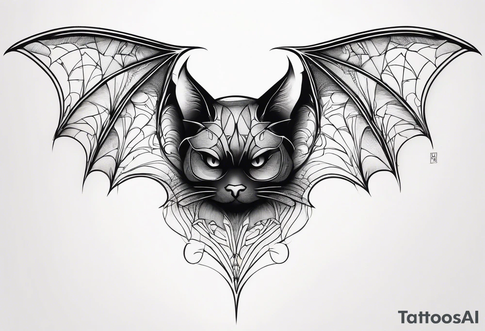 Bat, cat Head, upside down, wings made of spider web, wings wide open tattoo idea