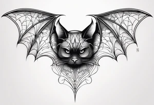 Bat, cat Head, upside down, wings made of spider web, wings wide open tattoo idea