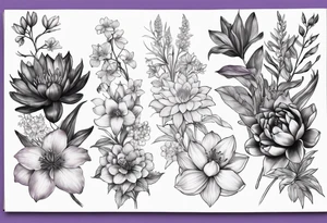 Full sleeve with larkspur and water Lilly, chrysanthemum and peony, Iris and violet, hawthorn and lily of the valley. Add a juniper tree and palm tree tattoo idea