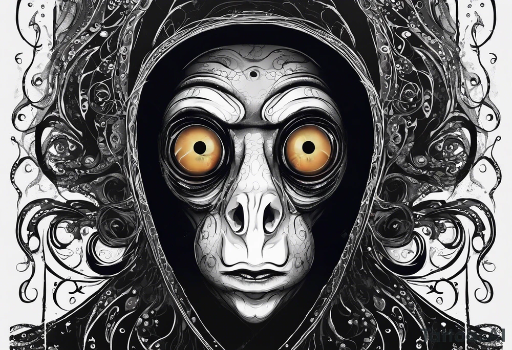 The equivalent of a horror and bizarre squid avatar. twisting and intersecting lines, making it look very wild and chaotic. The eyes of the squid are particularly prominent, one of them is white and the other is black, the overall expression is crazy and intense, with some distressed or damaged texture effects.

Able to change the color of the body and hide in the black sea tattoo idea