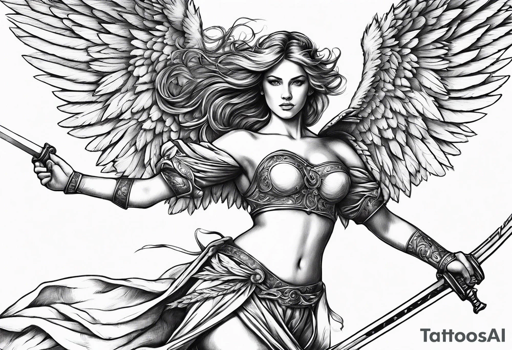 female angel with sword flying in the sky tattoo idea