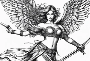 female angel with sword flying in the sky tattoo idea