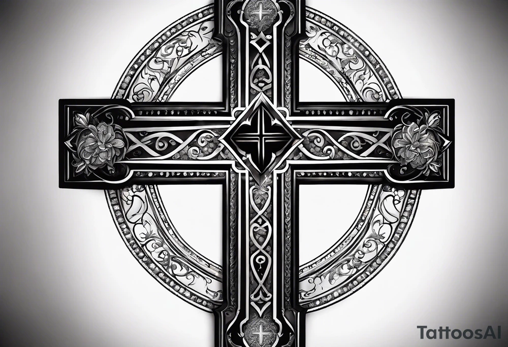 A cross under that is a scroll with my family’s names on it and put some stars around it tattoo idea
