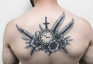 In memory of daddy feathers 
and roses with clocks tattoo idea