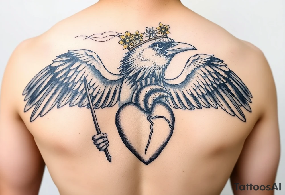 Crow with yellow flower crown holding wand and anatomical heart tattoo idea