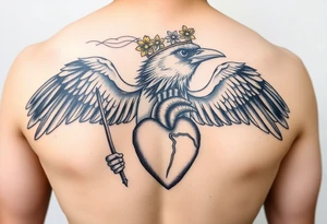 Crow with yellow flower crown holding wand and anatomical heart tattoo idea
