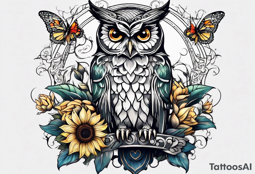 Sleeve with a owl sunflower and butterfly tattoo idea