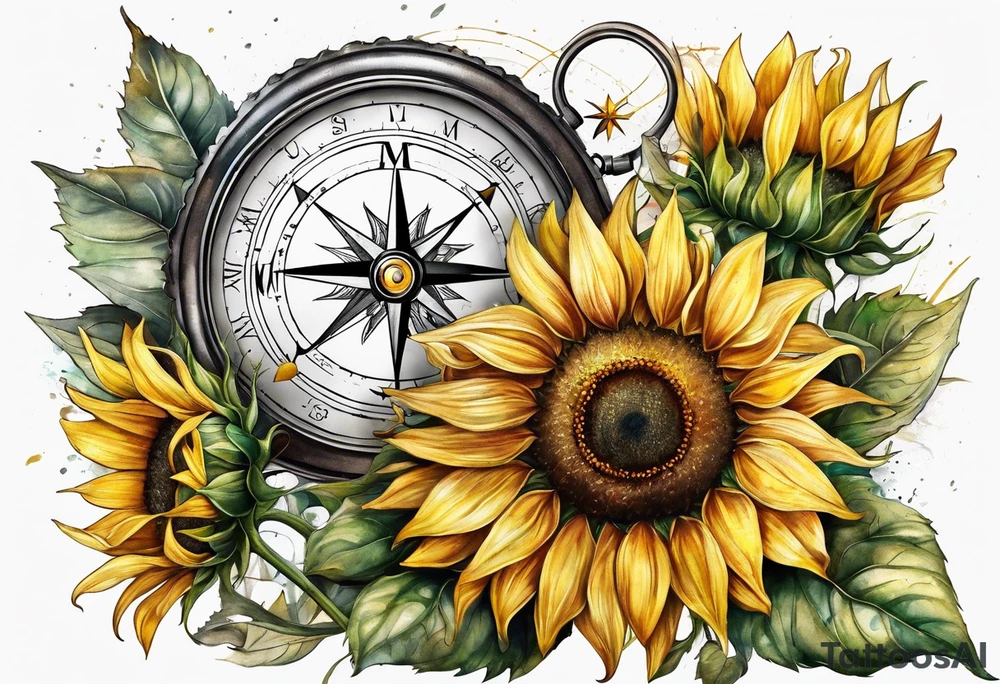 Sunflower next to a compass tattoo idea