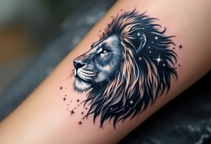 A deep navy lion rests in profile, with each star of the Leo constellation tattooed in radiant silver along its spine. tattoo idea