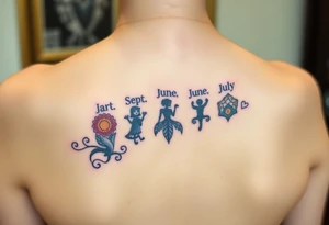 Tattoo on back that represents my family’s birthdays, January, September, June, May, July tattoo idea