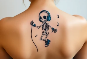 Cute smiling skeleton jumping on a jump rope with blue headphone and blue tennis shoes and blue armbands with nice  music notes tattoo idea