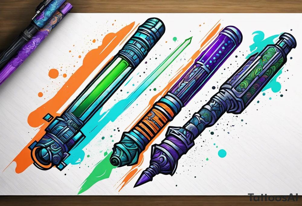 blue lightsaber, green lightsaber, orange lightsaber, purple lightsaber tattoo idea